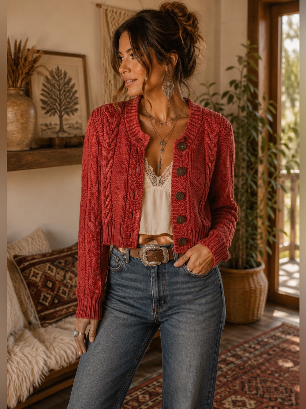 Red Cotton Oversized Hand Knit Sweater Cardigan